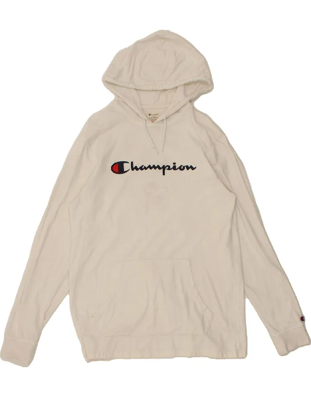 CHAMPION Womens Graphic Hoodie Jumper UK 14 Medium Off White Cotton