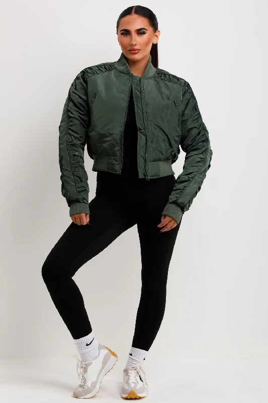 Grand Opening Sale Bomber Jacket With Ruched Sleeves Khaki