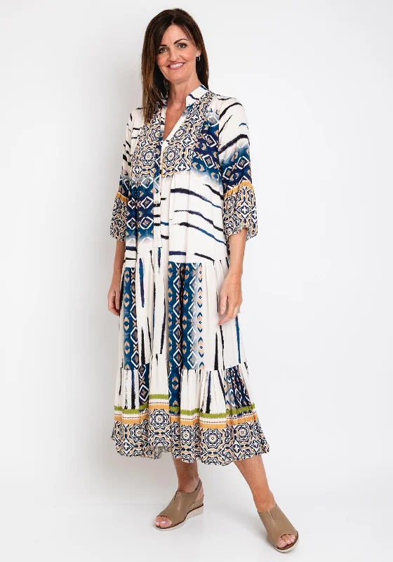 Don’t Miss Out The Serafina Collection One Size Long Print Smock Dress, Cream Blue