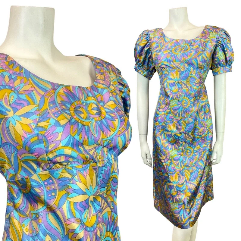 Stock Up and Save VINTAGE 60s 70s BLUE PURPLE GOLD PSYCHEDELIC PUFF SLEEVE EMPIRE SUMMER DRESS 14