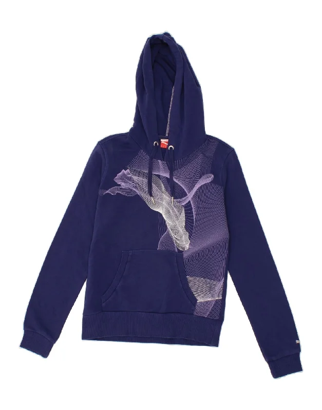 Limited Availability PUMA Womens Graphic Hoodie Jumper UK 8 Small Navy Blue Cotton