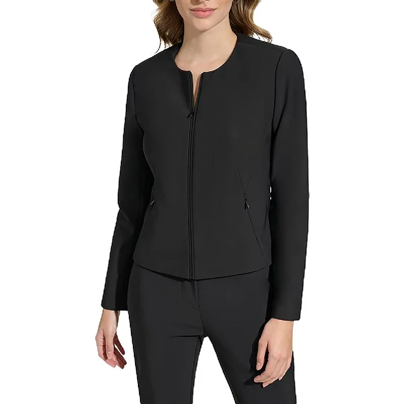 Womens Shoulder Pads Pocketed Collarless Blazer