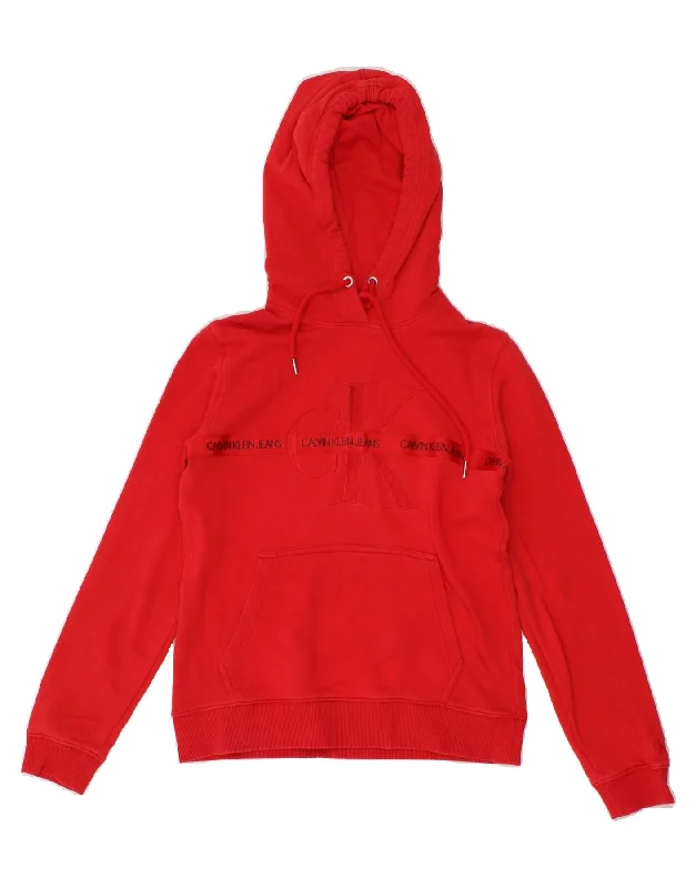 CALVIN KLEIN Womens Graphic Hoodie Jumper UK 10 Small Red Cotton