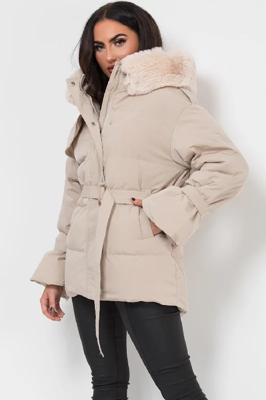 Savings Galore Beige Puffer Padded Coat With Faux Fur Hood