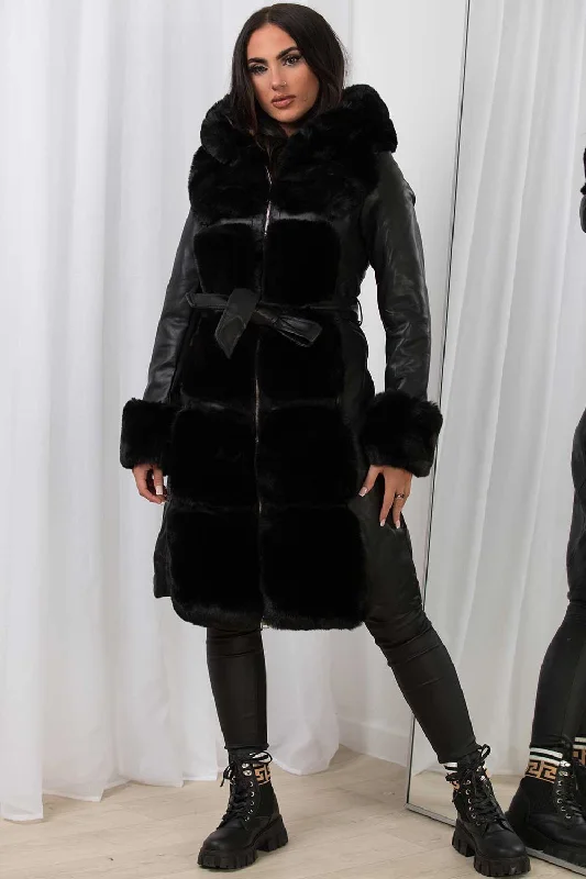 Limited Quantity Faux Leather Faux Fur Longline Hooded Jacket Black