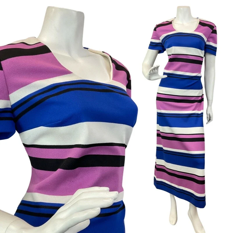 Daily Deals VINTAGE 60s 70s PURPLE BLUE WHITE STRIPED MOD MAXI DRESS 14 16