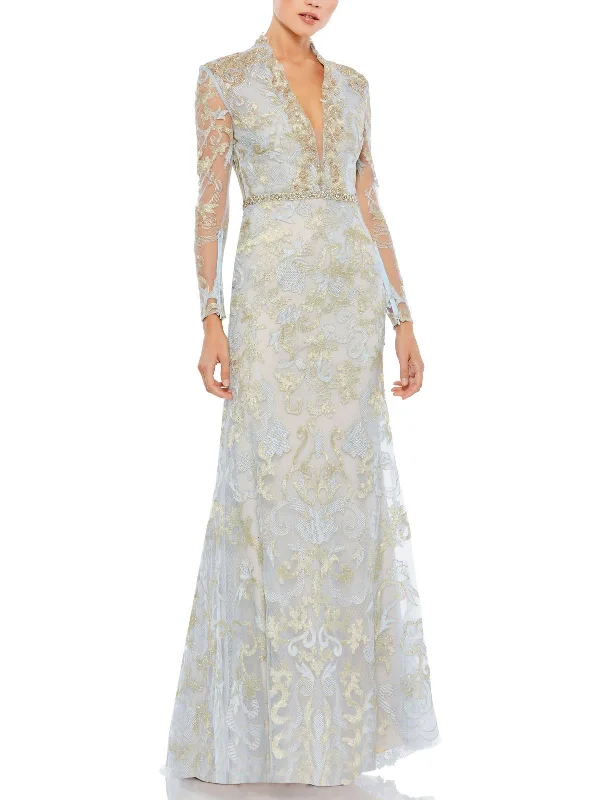 Deal Mania Womens Embellished Illusion Evening Dress