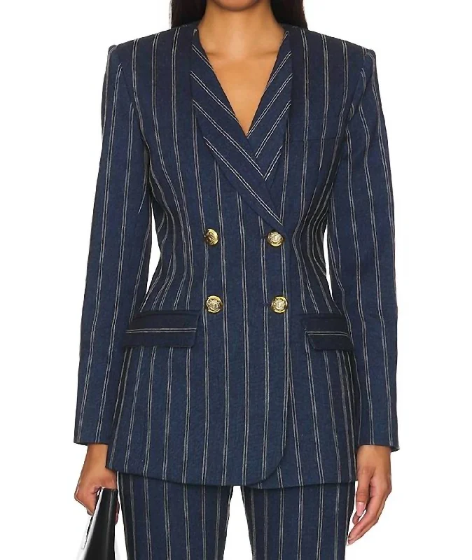 Pinstripe Double Breasted Blazer In Navy