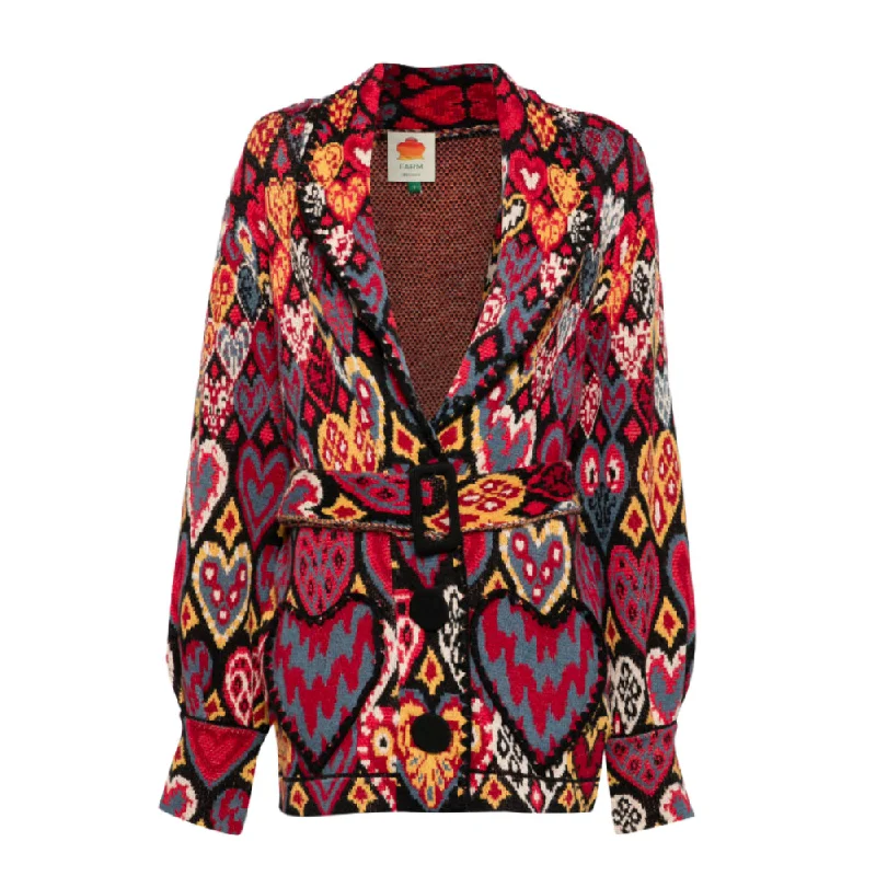 Farm Rio Women's Knit Blazer, Hearts Ikat Black