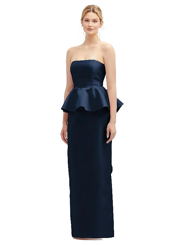 Price Drop Strapless Satin Maxi Dress with Cascade Ruffle Peplum Detail