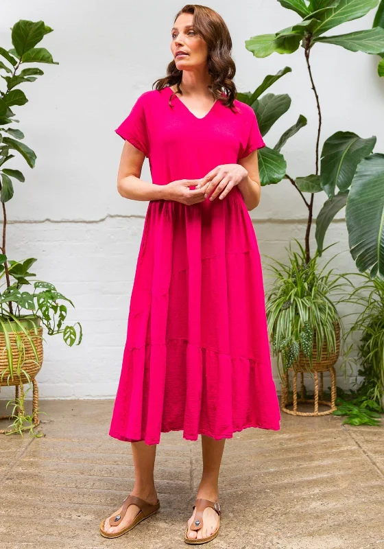Holiday Sale One Life Toucan Tiered Smock Maxi Dress, Fuchsia