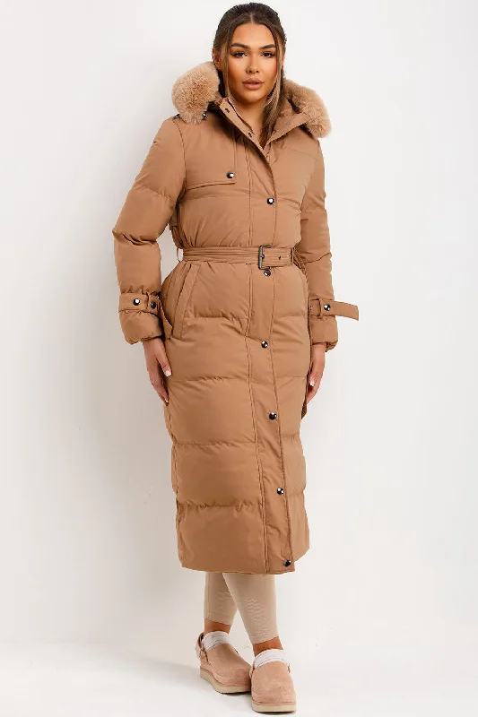 Deal Explosion Long Puffer Trench Coat With Belt And Faux Fur Hood Camel