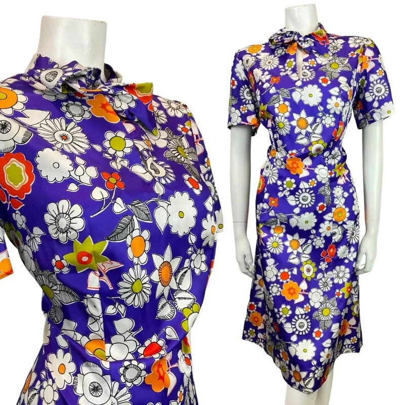 Huge Savings VINTAGE 60s 70s PURPLE WHITE ORANGE FLORAL DAISY PUSSYBOW MOD DRESS 14