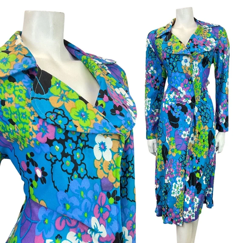 Exclusive Online Offer VINTAGE 60s 70s BLUE GREEN BLACK FLORAL PSYCHEDELIC HOUSECOAT WRAP DRESS 12 14