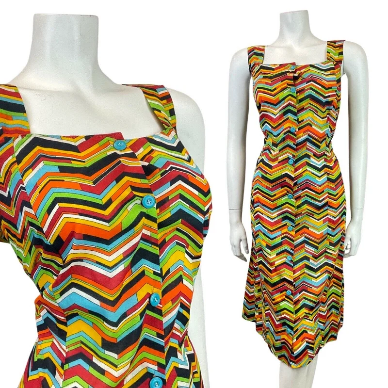 Take Advantage VINTAGE 60s 70s YELLOW MULTI-COLOUR ZIG-ZAG GEOMETRIC PINAFORE PINNY DRESS 12 14