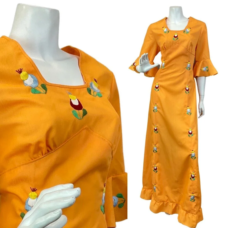Act Now VINTAGE 60s 70s ORANGE BLUE GREEN RED FLORAL EMBROIDERED BOHO MAXI DRESS 12