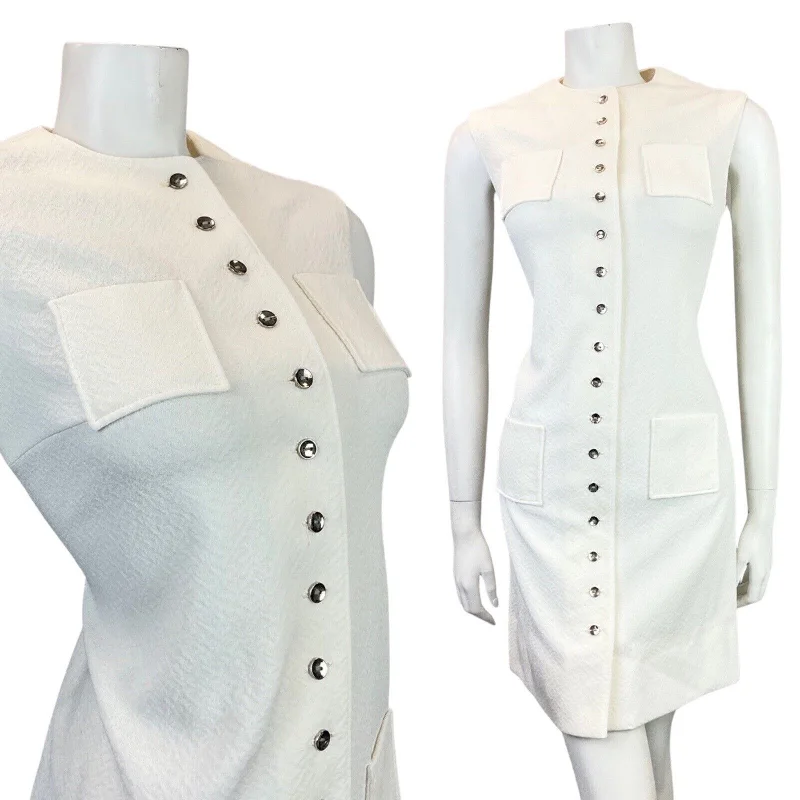 Limited Quantity VINTAGE 60s 70s BRIGHT WHITE SILVER SLEEVELESS MOD SHORT SHIFT DRESS 10 12