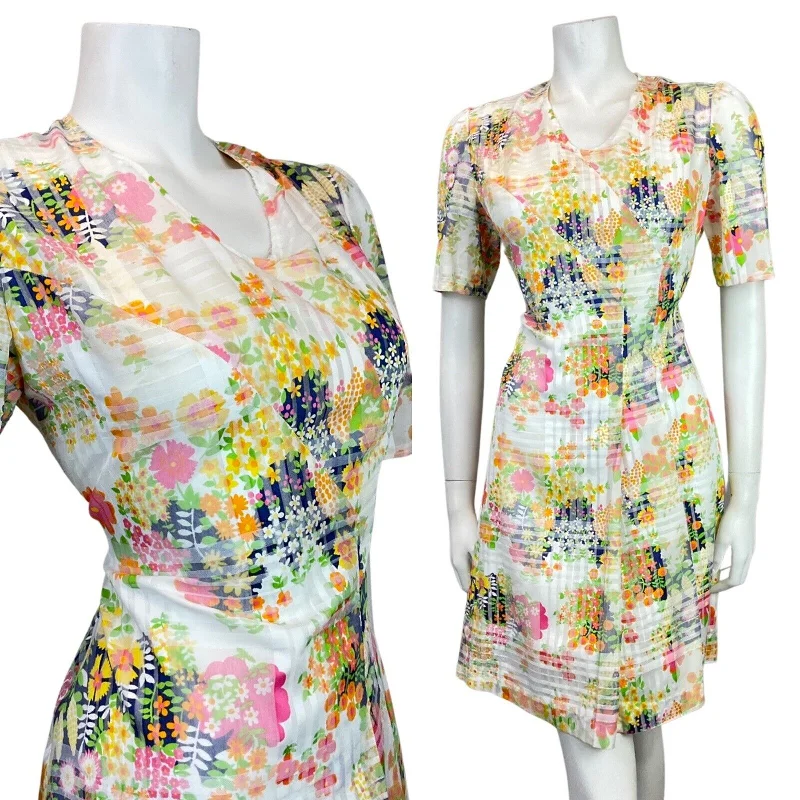 Customer Appreciation Sale VINTAGE 60s 70s WHITE BLUE YELLOW CHECKED FLORAL DAISY MOD SHORT DRESS 10 12