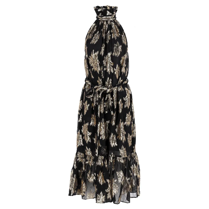 Closeout Iro Laza Metallic Fil Coupé Midi High Neck Belted Dress in Black and Gold Viscose
