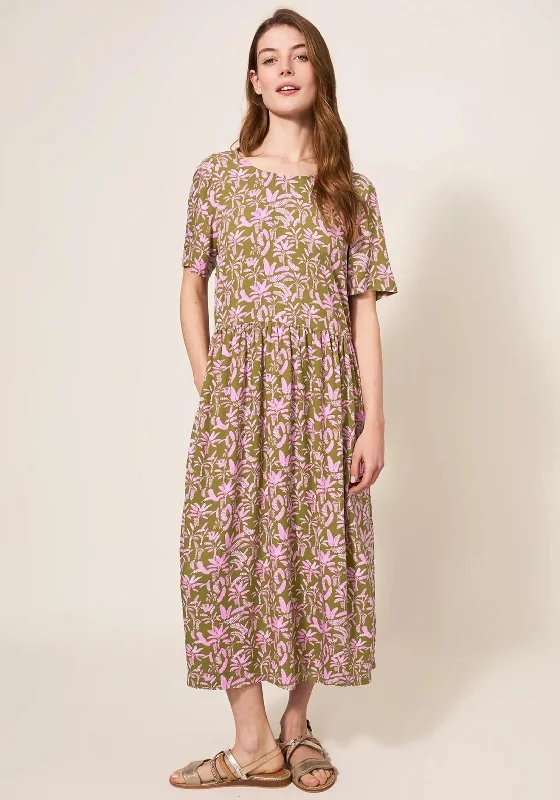 Deal Zone White Stuff Elisa Leaf Print Midi Dress, Green & Pink