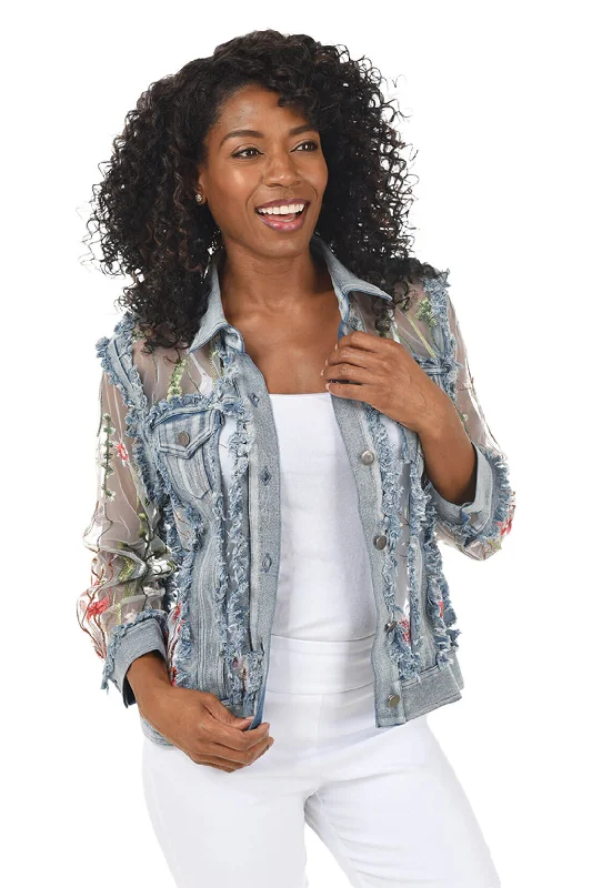 Value Deals Floral Sheer Distressed Denim Jacket