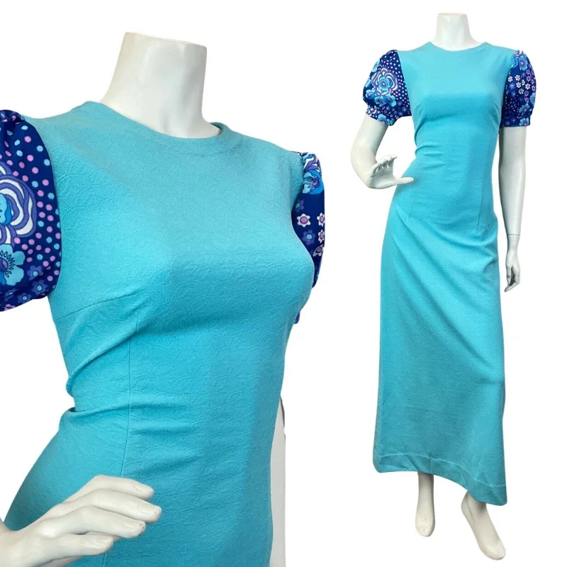 Unbeatable Prices VINTAGE 60s 70s BABY BLUE NAVY PURPLE DAISY FLOWER PUFF SLEEVE MAXI DRESS 6 8