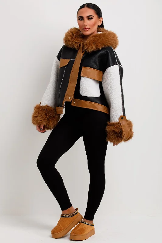 Extra Discounts Shearling Faux Leather Jacket With Faux Fur Hood Black