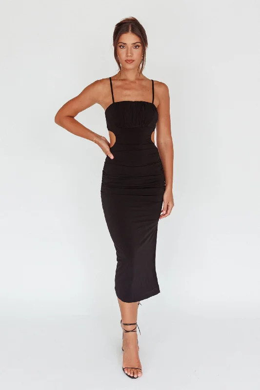 Exclusive Savings Mary Jane Gathered Bust Tie Back Midi Dress Black