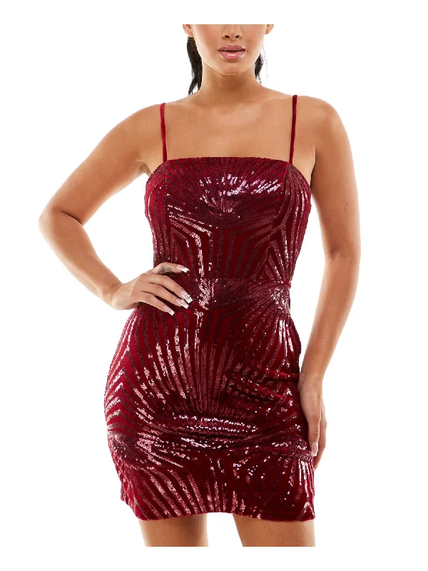 Deal of the Week CRYSTAL DOLLS Womens Burgundy Zippered Sequined Padded Lined Bodice Adjustable Spaghetti Strap Square Neck Mini Party Body Con Dress