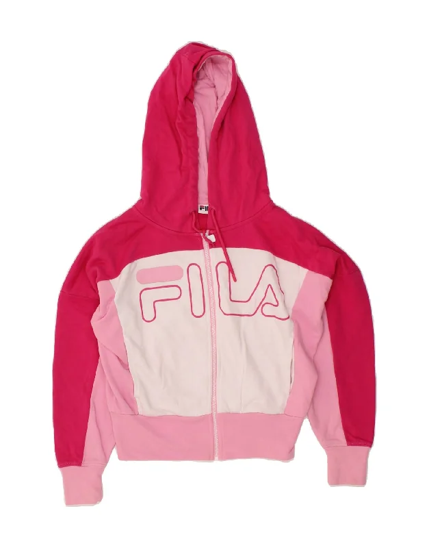 FILA Womens Oversized Crop Graphic Zip Hoodie Sweater UK 6 XS Pink