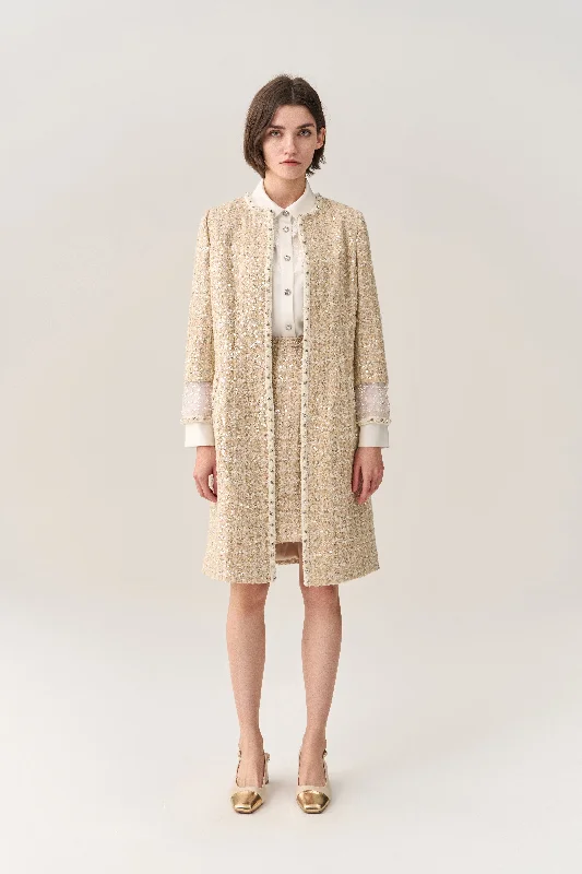 Overstock Sale Organza Cuff Slit Detail Tweed Maxi Coat