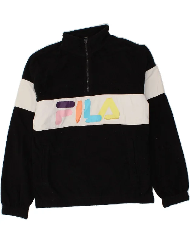 FILA Womens Graphic Zip Neck Fleece Jumper UK 14 Medium Black Colourblock