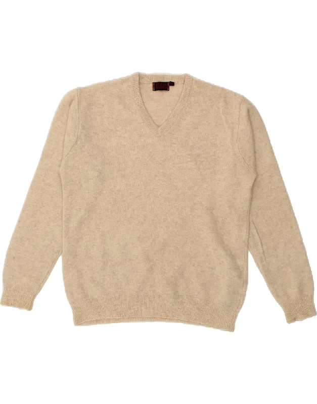 SLAM Womens V-Neck Jumper Sweater UK 14 Large Beige Wool