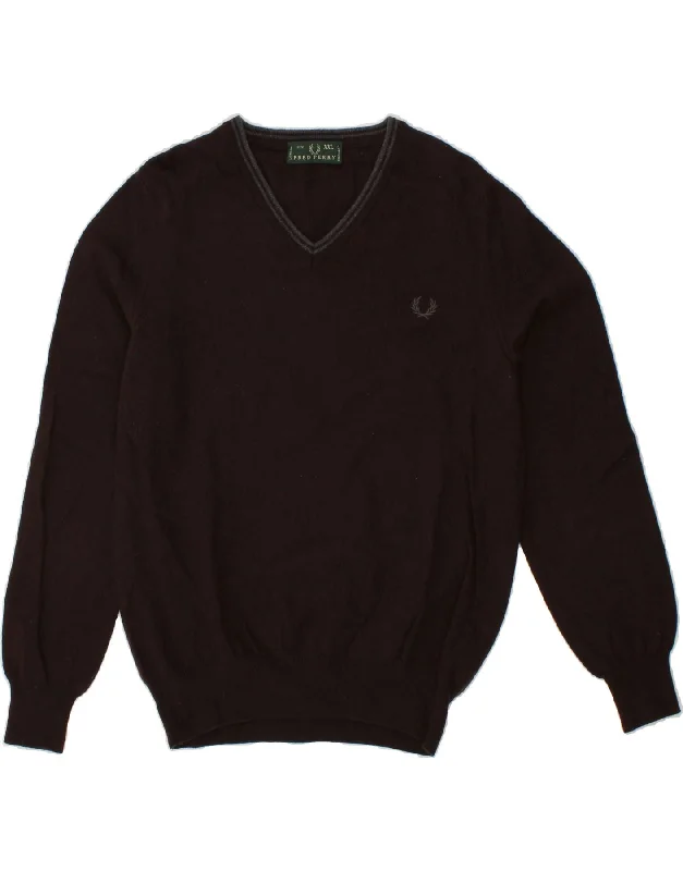 FRED PERRY Womens V-Neck Jumper Sweater UK 20 2XL Brown Wool