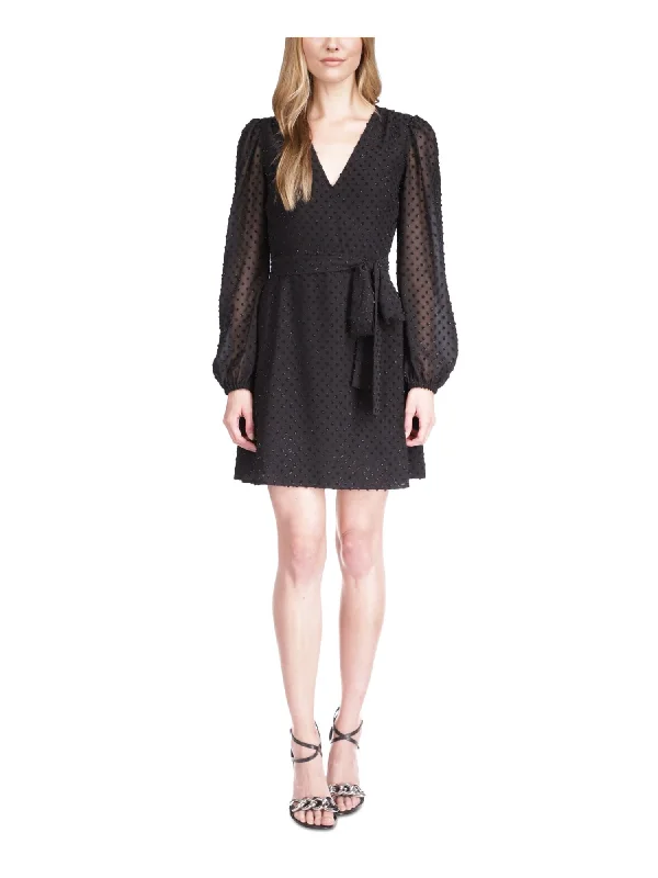 Extra Savings MICHAEL MICHAEL KORS Womens Black Lined Tie Long Sleeve Surplice Neckline Short Party Wrap Dress