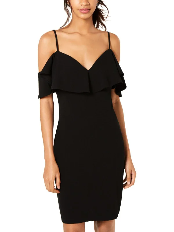 Low Prices EMERALD SUNDAE Womens Black Cold Shoulder Spaghetti Strap V Neck Short Cocktail Shift Dress