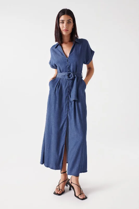 Savings Bonanza Salsa Belted Waist Midi Dress, Blue Denim