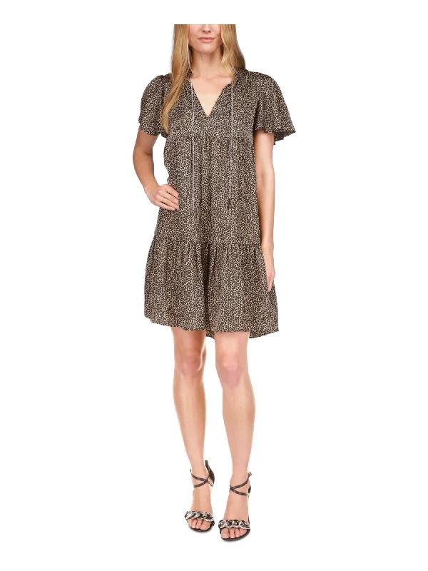 Incredible Offers MICHAEL MICHAEL KORS Womens Beige Unlined Chain Tie Tiered Animal Print Flutter Sleeve Split Above The Knee Baby Doll Dress