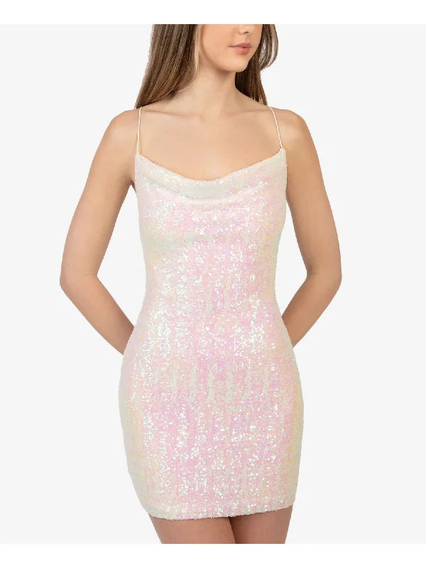 Price Blitz B DARLIN Womens White Stretch Sequined Zippered Fitted Crisscross Back Printed Spaghetti Strap Cowl Neck Mini Party Body Con Dress