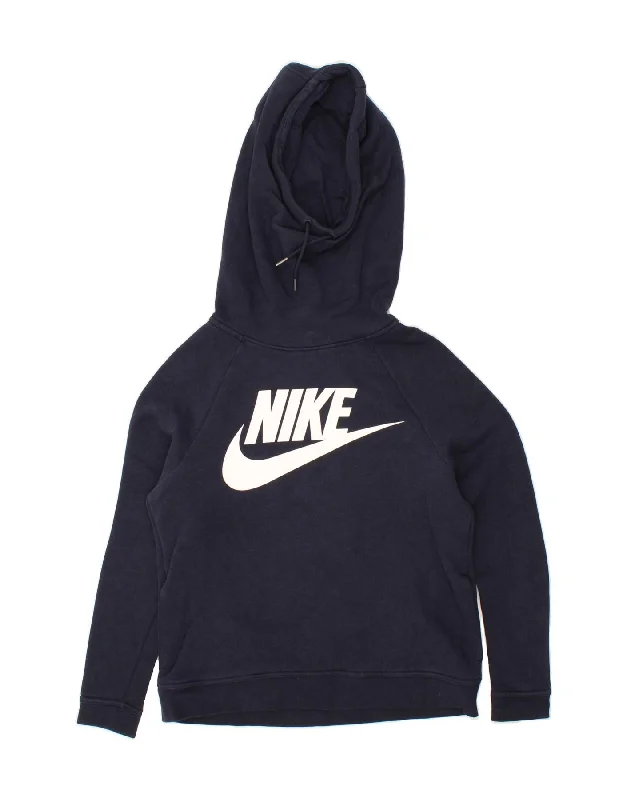 NIKE Womens Oversized Graphic Hoodie Jumper UK 10 Small Navy Blue Cotton