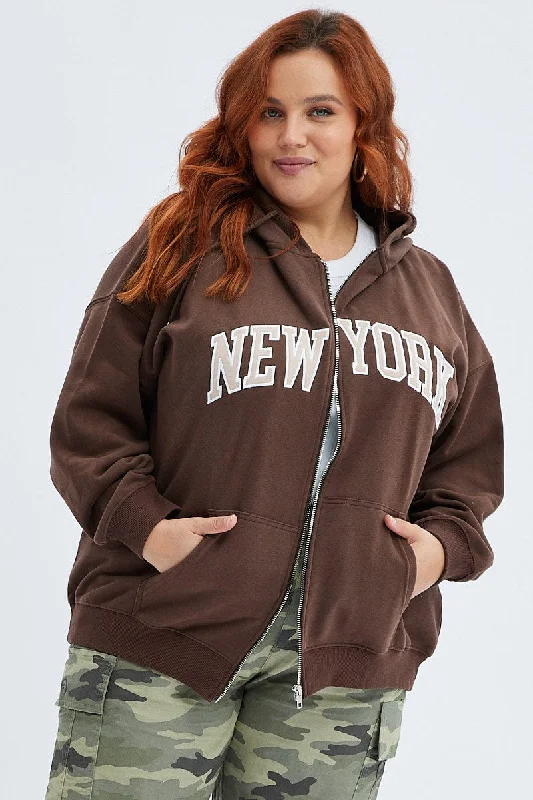 Brown Zip Hoodie Jacket New York Embroidery