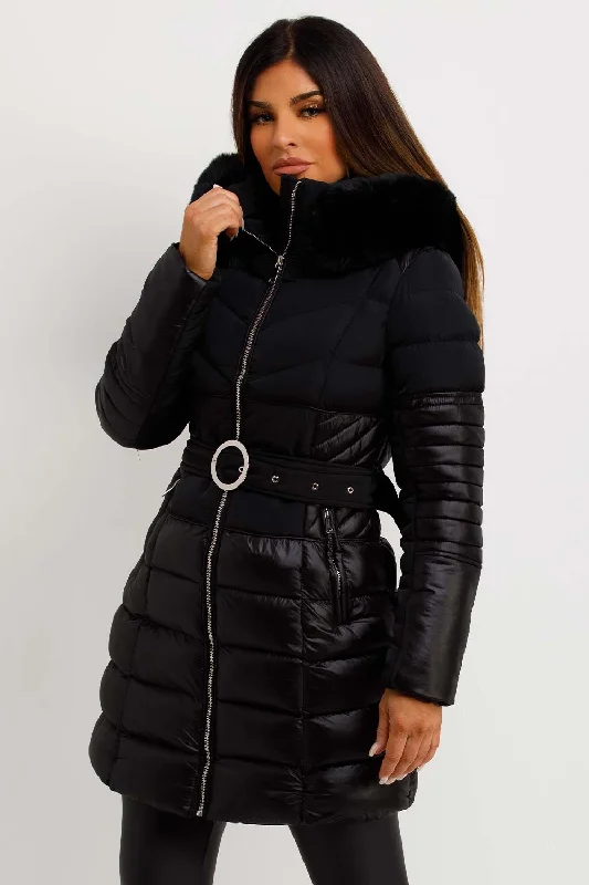 Super Sale Puffer Coat With Fur Hood And Belt Black