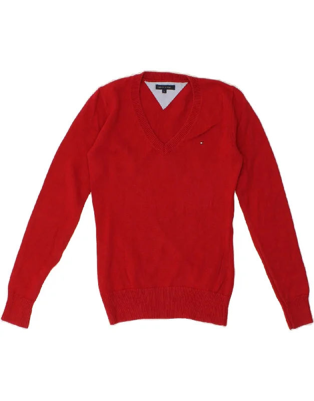 Unmissable Offer TOMMY HILFIGER Womens V-Neck Jumper Sweater UK 10 Small Red Cotton