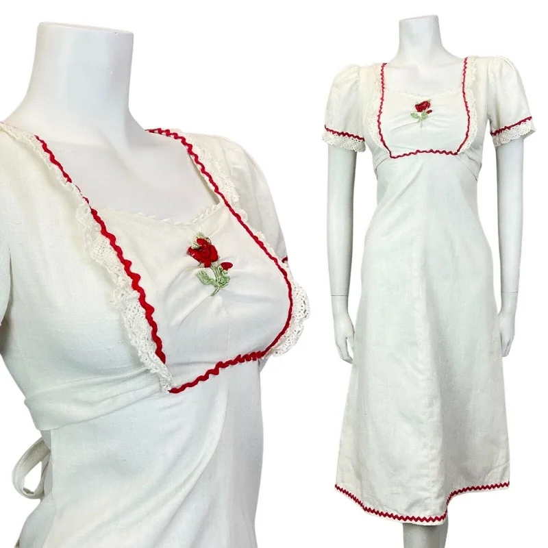 Final Markdown VTG 60s 70s WHITE RED EMBROIDERED ROSE RIC RAC CROCHET BOHO FOLK SUMMER DRESS 6 Final Markdown VTG 60s 70s WHITE RED EMBROIDERED ROSE RIC RAC CROCHET BOHO FOLK SUMMER DRESS 6