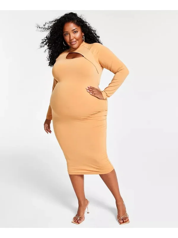 Early Access NINA PARKER Womens Black Cut Out Lined Pullover Long Sleeve Mock Neck Midi Party Body Con Dress