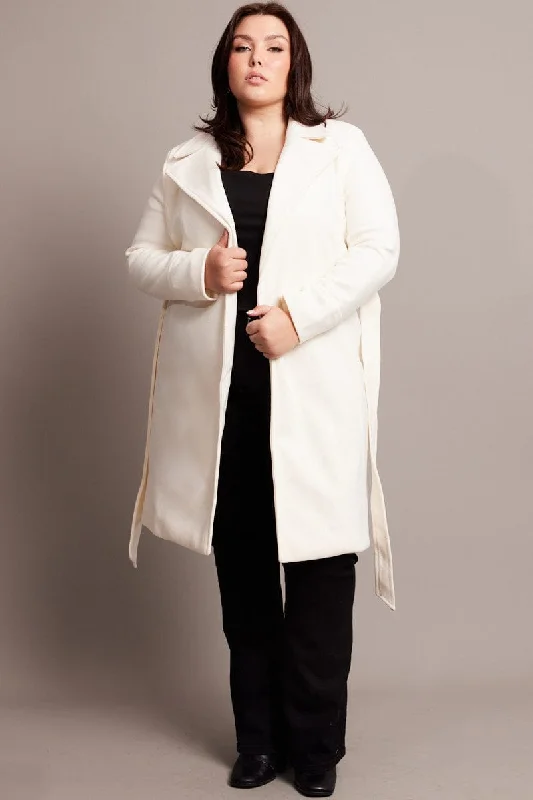 White Long Belted Wrap Coat