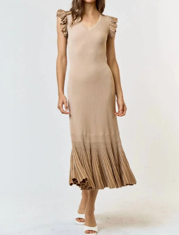 Extra Discounts Ruffle Sleeve Pleated Mermaid Sweater Maxi Dress In Tan