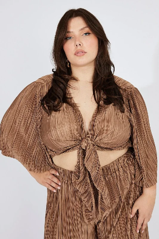 Brown Plisse Satin Flare Sleeve Tie Bolero Top