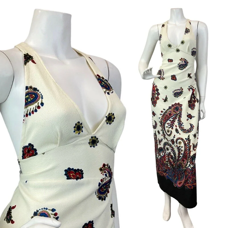 Today's Special VINTAGE 60s 70s CREAM RED BLUE PAISLEY FLOWER BOHO MOD HALTER MAXI DRESS 8 10