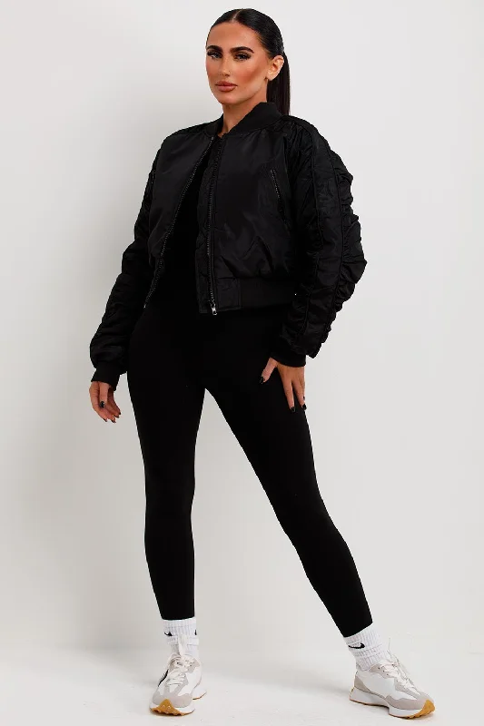 Referral Discount Bomber Jacket With Ruched Sleeves Black